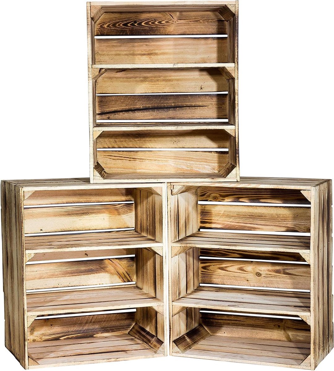 Fruitkisten Set - Houten Opslag - Decoratief Opbergen - Geflambeerde Look - 3 Stuks 50cm - Houtkleur
