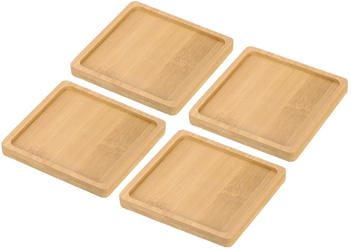 Bamboe houten schotel, 4 stuks 10 x 10 cm vierkante houten plantenafvoerbak bonsaiplanten schotel vetplant voor thuis balkon