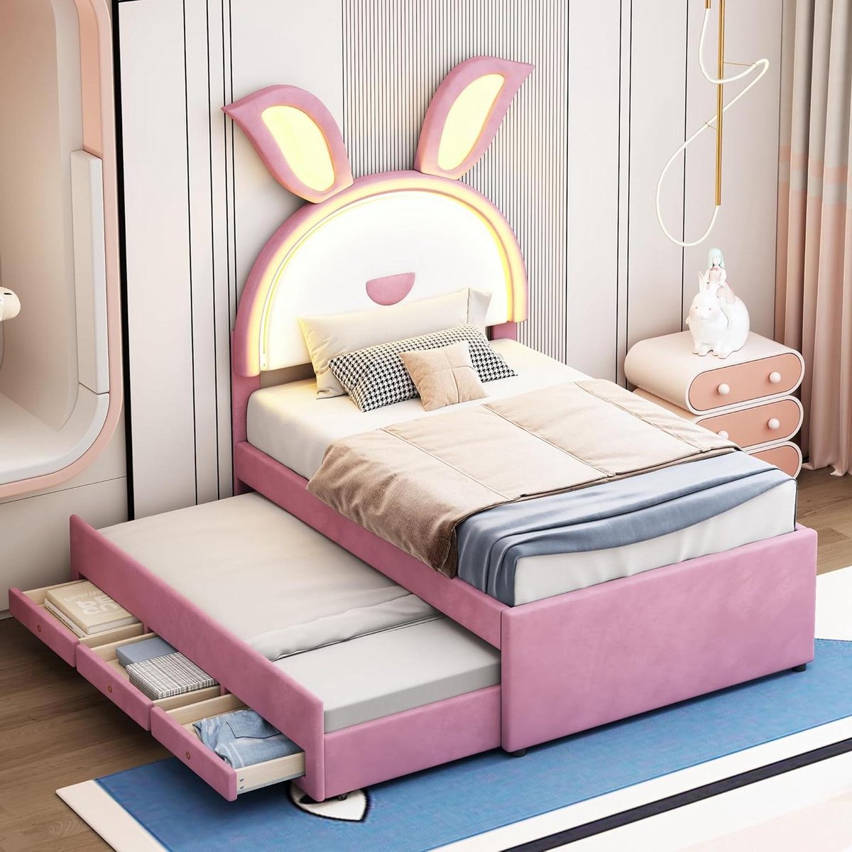 Kinderbed - Eenpersoons slaapbank - Kinderkamer inrichten - Met uittrekbaar bed - 90 x 200 cm - Roze