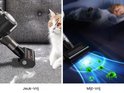 Links: stofzuiger bij een kat op de bank, 'Jeuk-Vrij'. Rechts: stofzuiger verwijdert bacteriën, 'Mijt-Vrij'.