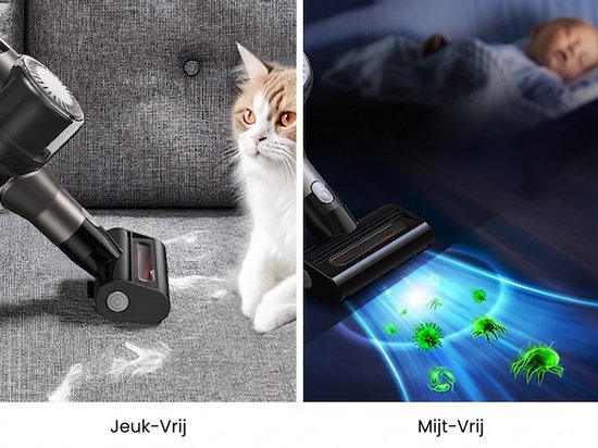 Links: stofzuiger bij een kat op de bank, 'Jeuk-Vrij'. Rechts: stofzuiger verwijdert bacteriën, 'Mijt-Vrij'.