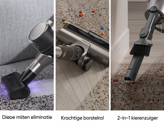 Drie panelen: stofzuiger op een bank, borstelrol met haren, en kierenzuiger bij een plint.