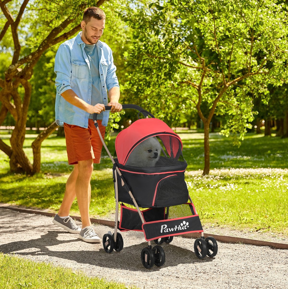 MEUNIQ Hondenbuggy 2-in-1 82 x 49,5 x 98 cm opvouwbare hondentrolley en draagtas met netvenster, opbergmand, veiligheidslijnen en Oxford stof voor kleine honden en katten