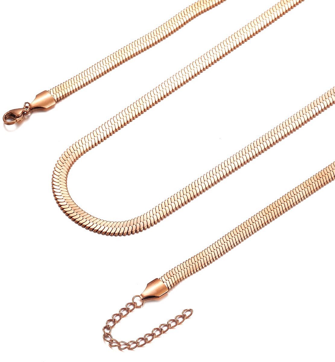 Slangenketting voor dames, roestvrij staal, goud, zilver, roségoud, 3 mm/5 mm breed, platte visgraatketting, choker, halsketting, waterdicht sieraad voor meisjes en vrouwen, 36 cm/41 cm/46 cm