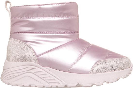 Roze, glanzende pufferlaars met lichtroze accenten en glitter, witte zool.