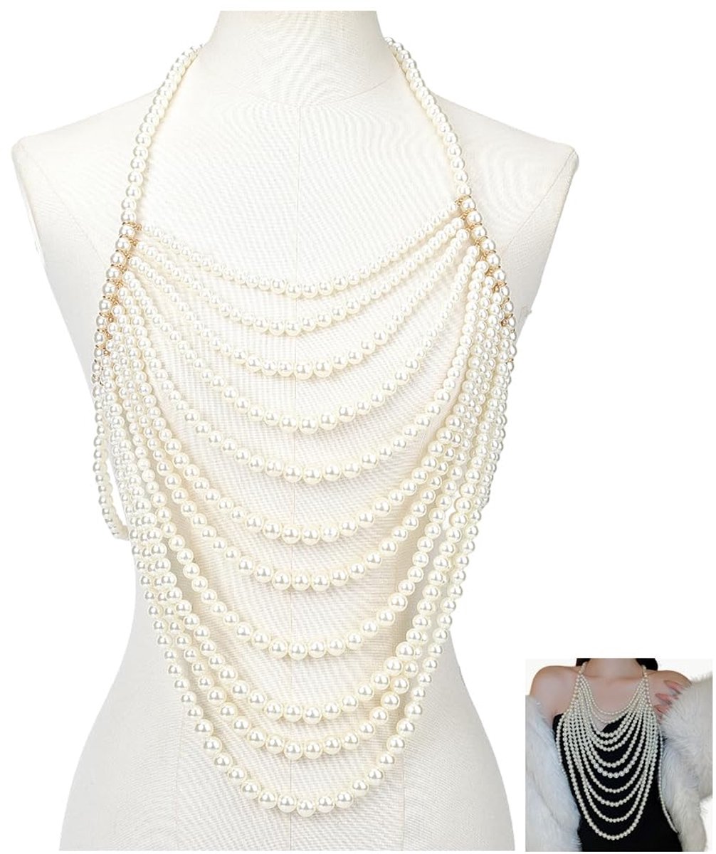Schouderketting van witte parels, sexy halsketting, gelaagd, imitatiekralen, ronde kralen, bohemian-stijl, meerlaagse sieraden voor vrouwen, stranddecoratie, bruiloftsfeest, geschenken