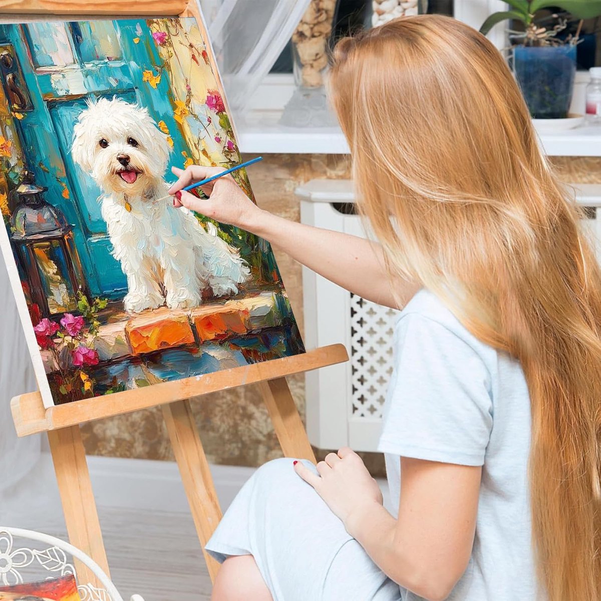 Dierlijke ingelijste verf op nummer voor volwassenen, schattige hond schilderen op nummer kit voor volwassenen beginners canvas kit, doe-het-zelf kleurrijke olieverfschilderij acrylverf voor