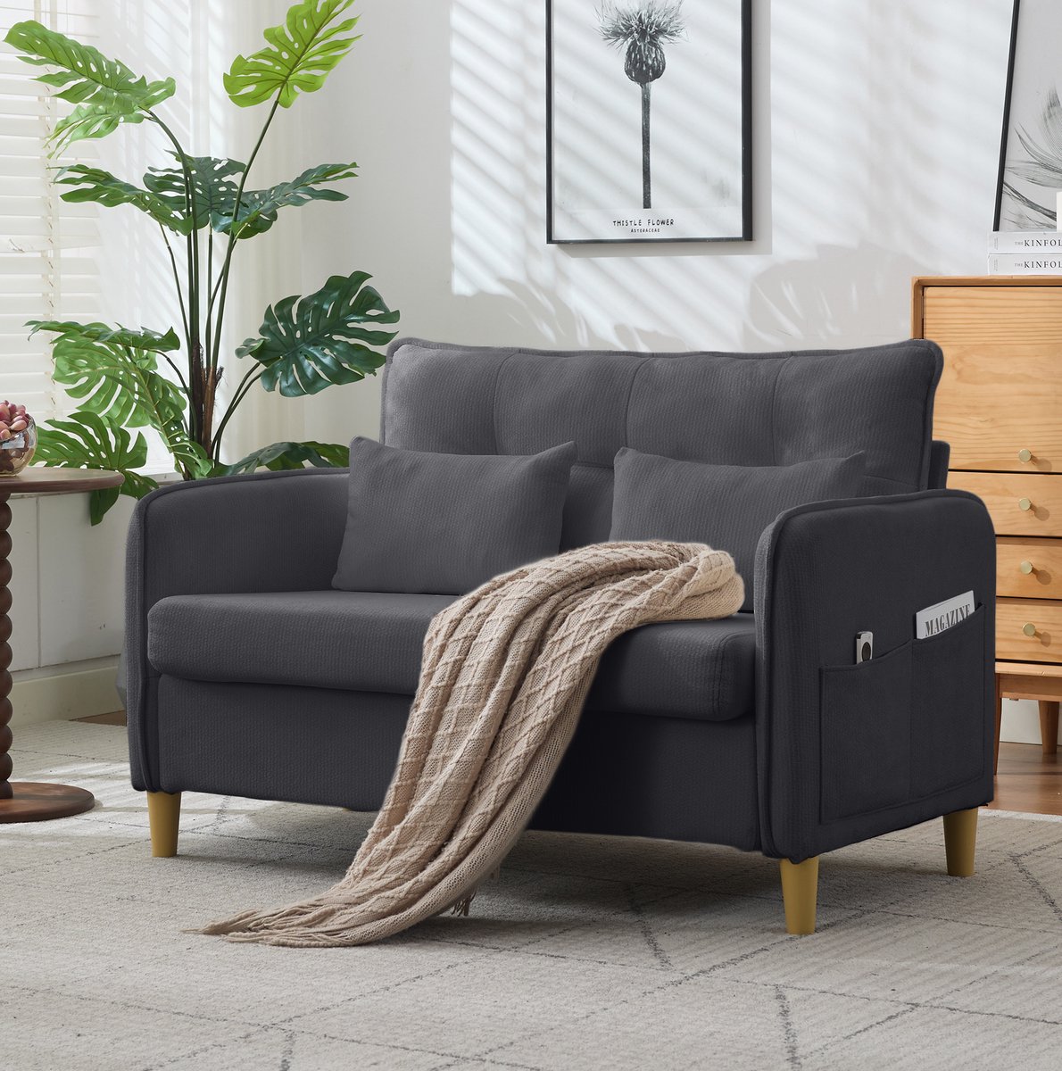MIVRAY Zitbank 127 Cm - Met Armleuningen En Zijvakken - Compact Voor Woonkamer, Kantoor En Werkkamer - Chenille Donkergrijs