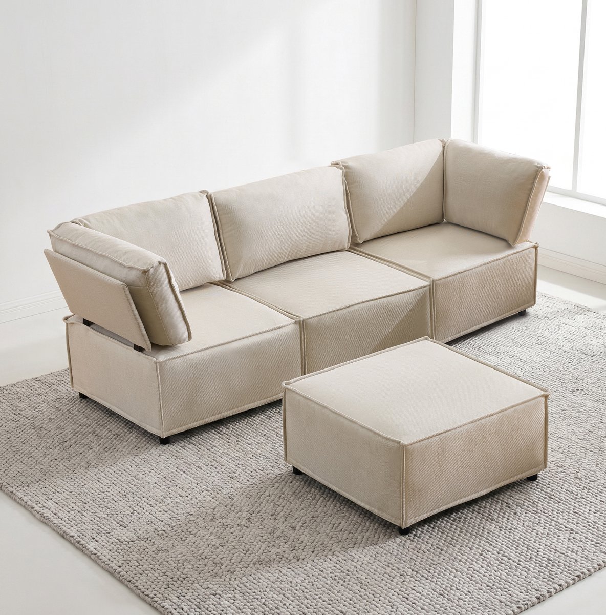 MIVRAY U-bank 238 x 154 x 75 cm - Modulaire Slaapbank Met Vrij Indeelbare Opstelling - Voor Woonkamer - Linnen Beige