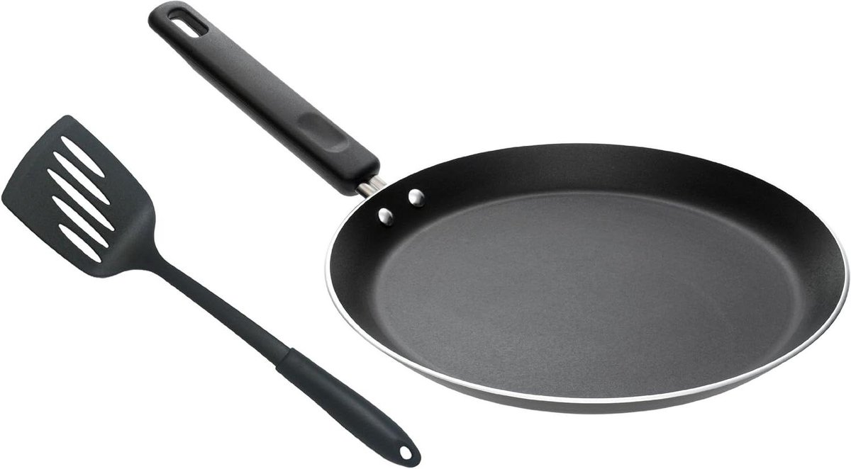 Crepe Pan Set - Pannenkoekenpan Turner - Koken en Bakken - Krasbestendig Aluminium - 24 cm - Zwart