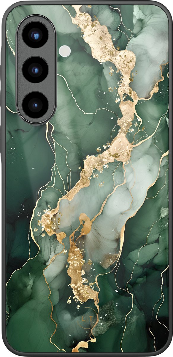 Hoesje geschikt voor Samsung Galaxy A56 - Marmer groen goud - Luxe Glazen Hardcase - Marmer - Groen, Goud