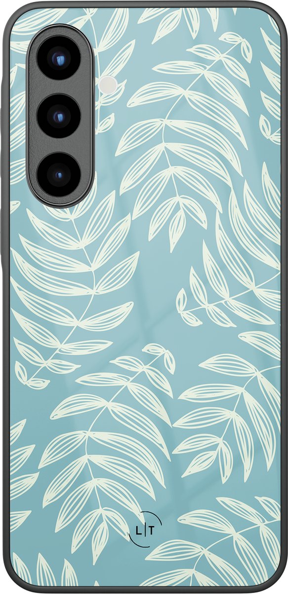 Hoesje geschikt voor Samsung Galaxy A56 - Pastel leaves - Luxe Glazen Hardcase - Print / Illustratie - Blauw