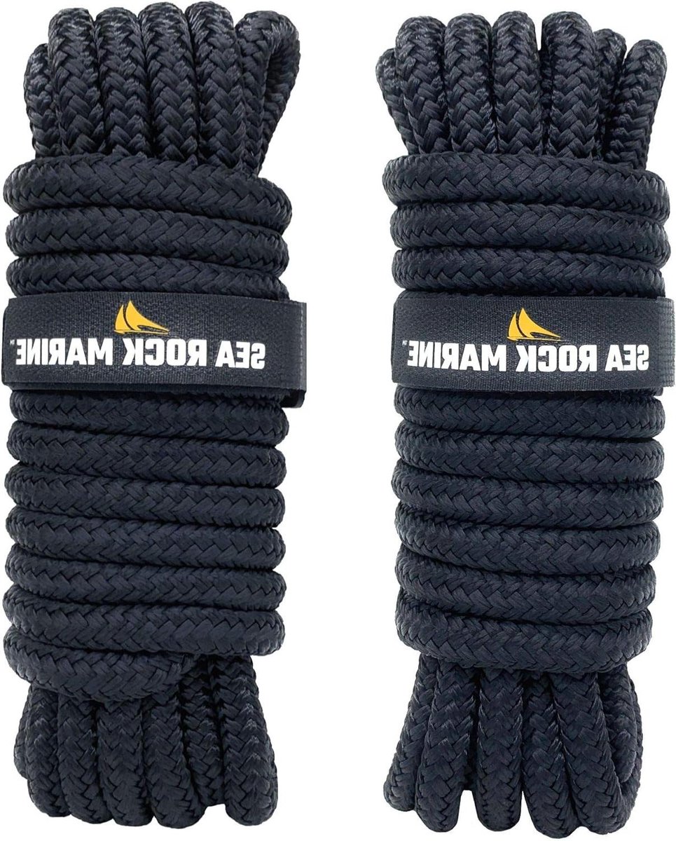 Dubbele vlecht doklijn - Boot touw - Watersport gebruik - Sterk en duurzaam nylon - 2 stuks 25 voet - Zwart