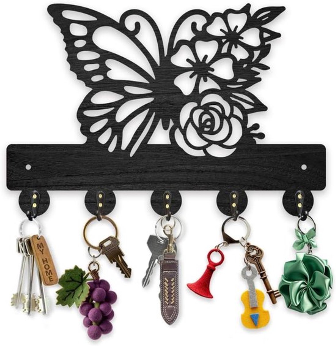 Houten Vlinders Bloemen Wandgemonteerde Sleutelrek - 30x20cm - Natuurlijke Landschap Sleut