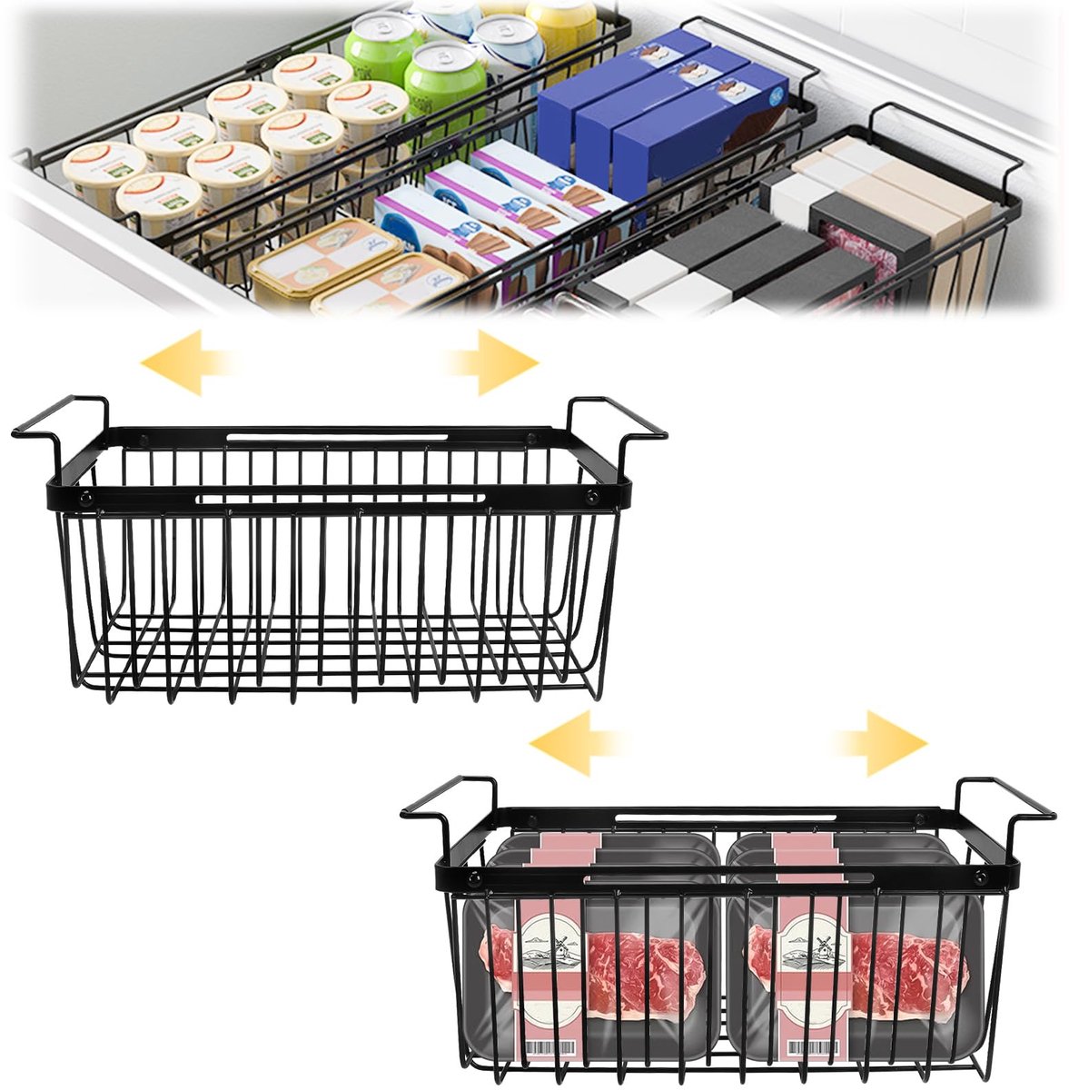 Mand, instelbare maat inzetmand voor vrieskist / vriezer organizer mand met handgreep, vriezer organizer vorstbestendig eenvoudig toegang tot diepvriesvoedsel