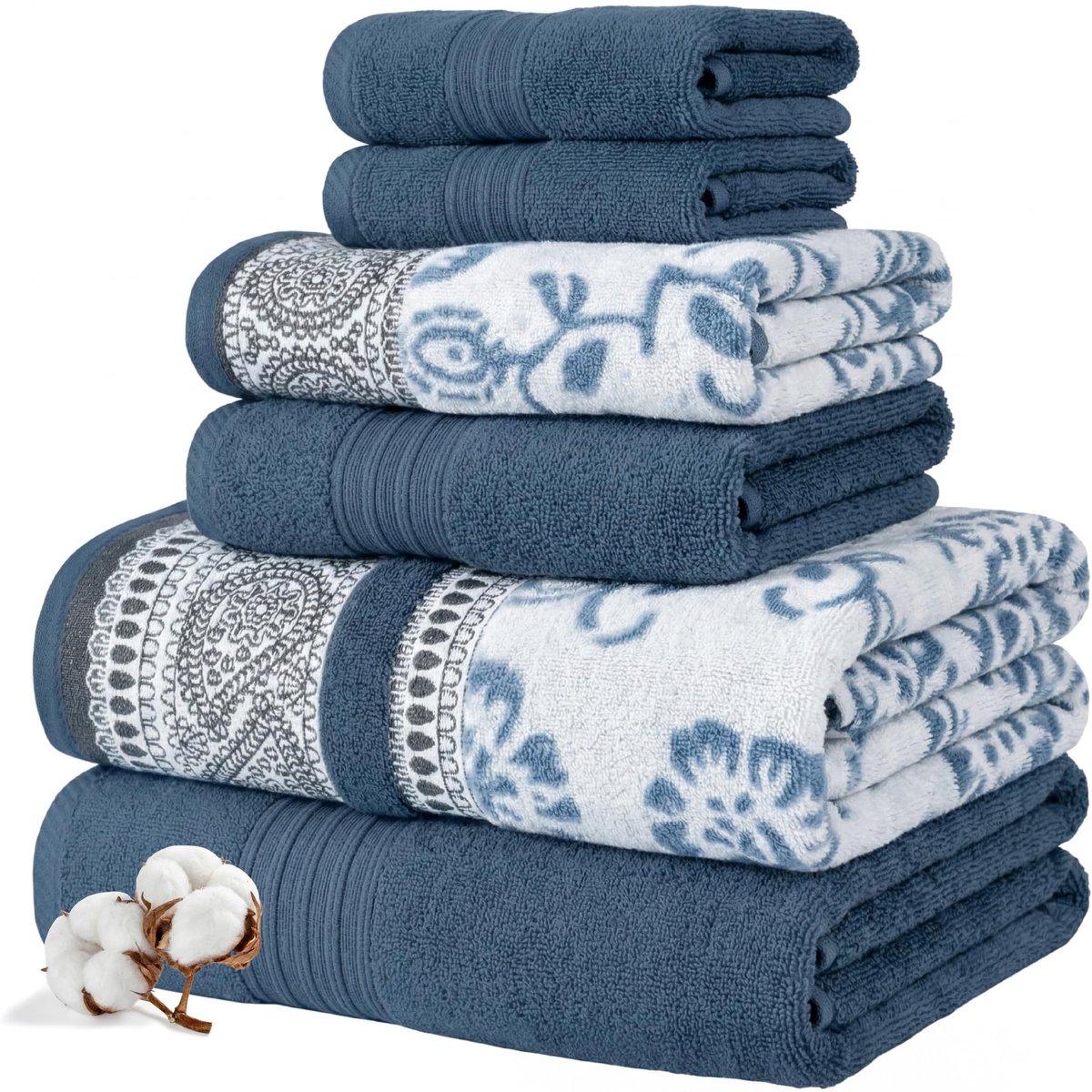 Threads 6-delige set, 2 badhanddoeken, 2 handdoeken, 2 washandjes garen geverfd jacquard/effen handdoekenset Ophelia blauw