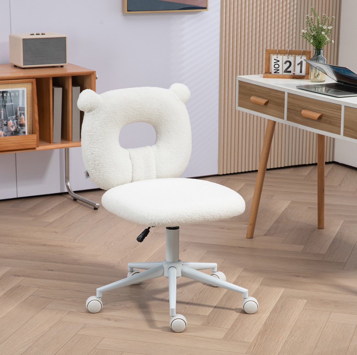 MEUNIQ kinder bureaustoel wit 50 x 56 x 80-90 cm, hoogteverstelbare draaistoel zonder armleuningen, met wielen en teddyfleece beerdesign voor bureau en kinderkamer