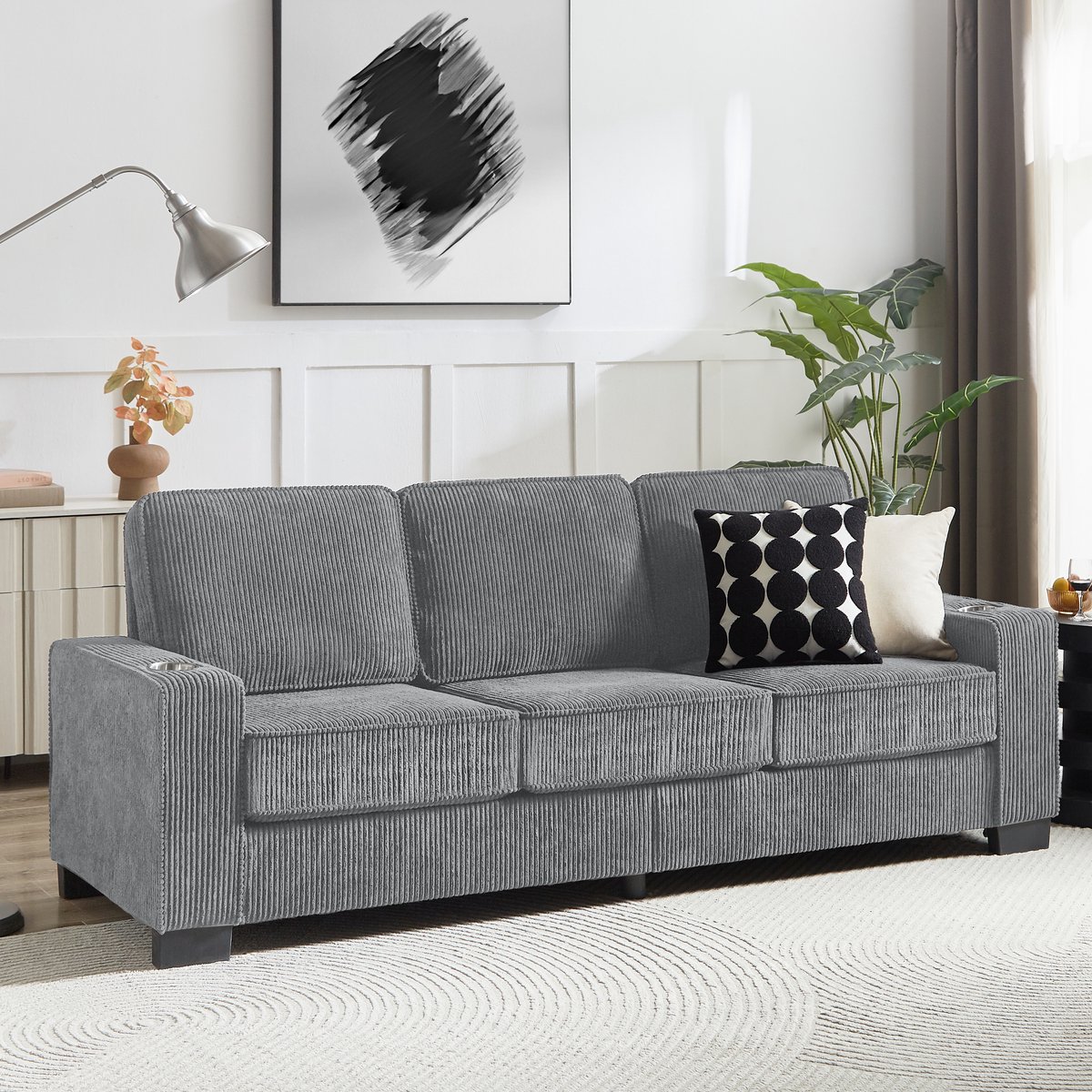 Pugsdrly - 3-zitsbank - Corduroy - Grijs - 206 cm - Bekerhouders - Moderne stijl