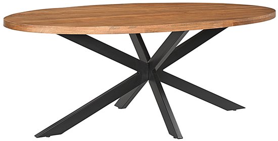 Ovale mangohouten eettafel met zwarte metalen spinpoot.