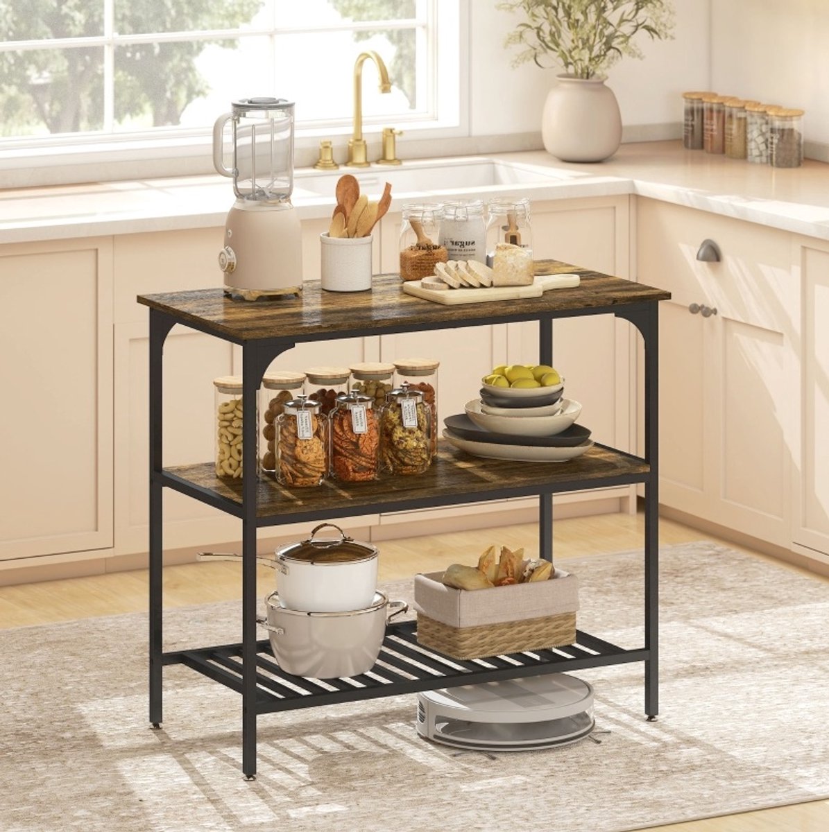 MEUNIQ 3-laags keukenrek 100 x 50 x 90 cm met open opbergruimte, staalframe en verstelbare voetdoppen, staand bakers rack voor keuken of koffiehoek, bruin