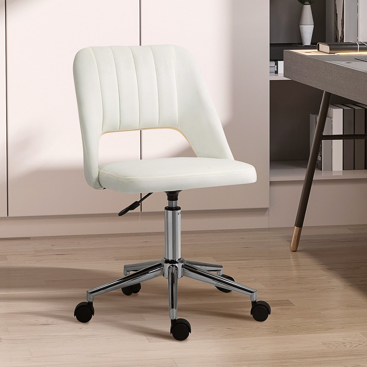 MEUNIQ Bureaustoel beige 49 x 60 x 79-91 cm hoogteverstelbaar en draaibaar met wielen, zonder armleuningen, ergonomische stoel voor bureau, woonkamer of thuiskantoor