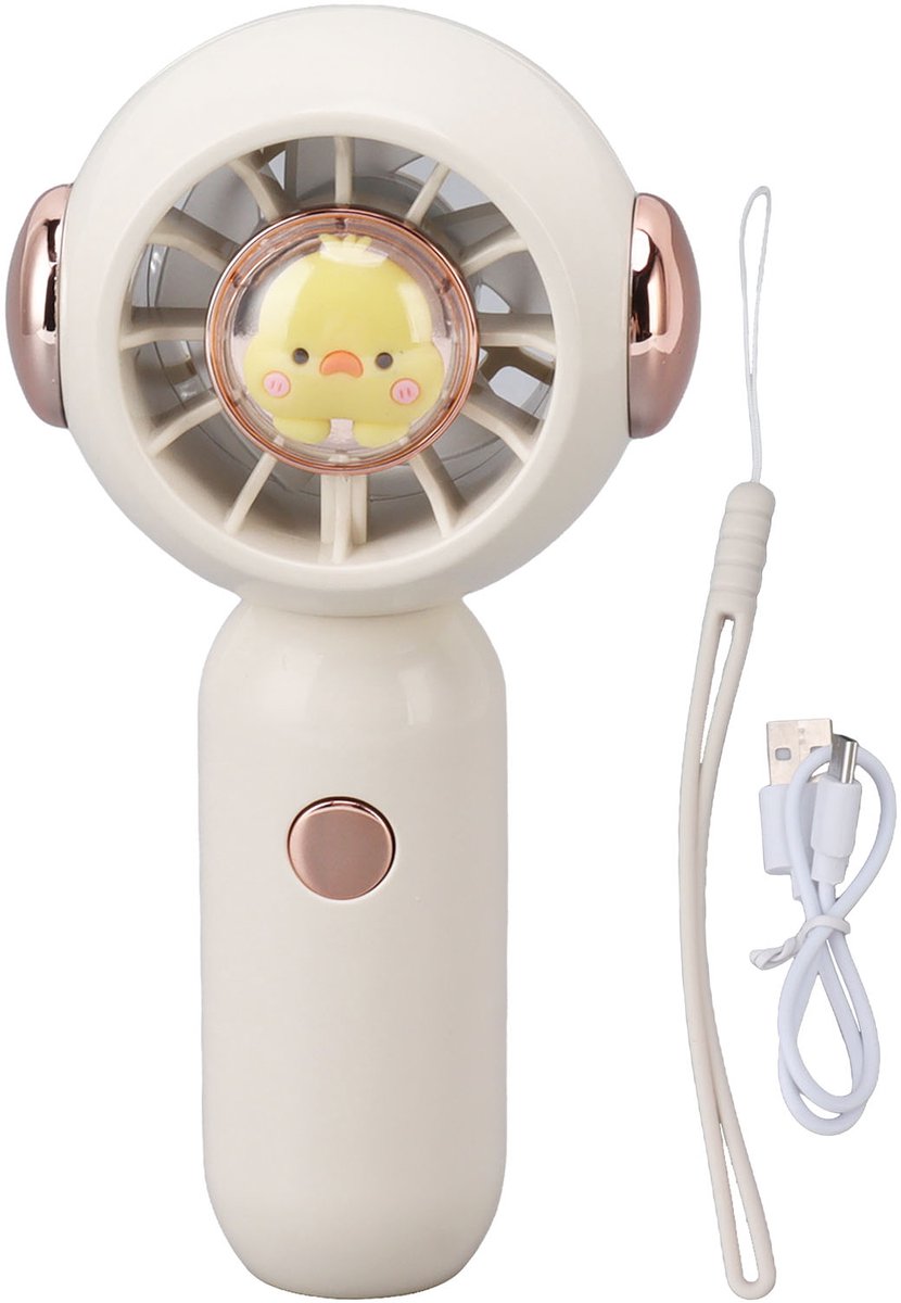 Witte draagbare handventilator (USB-oplaadbaar) met dierenmotief, stil en instelbaar; voor buiten en op reis
