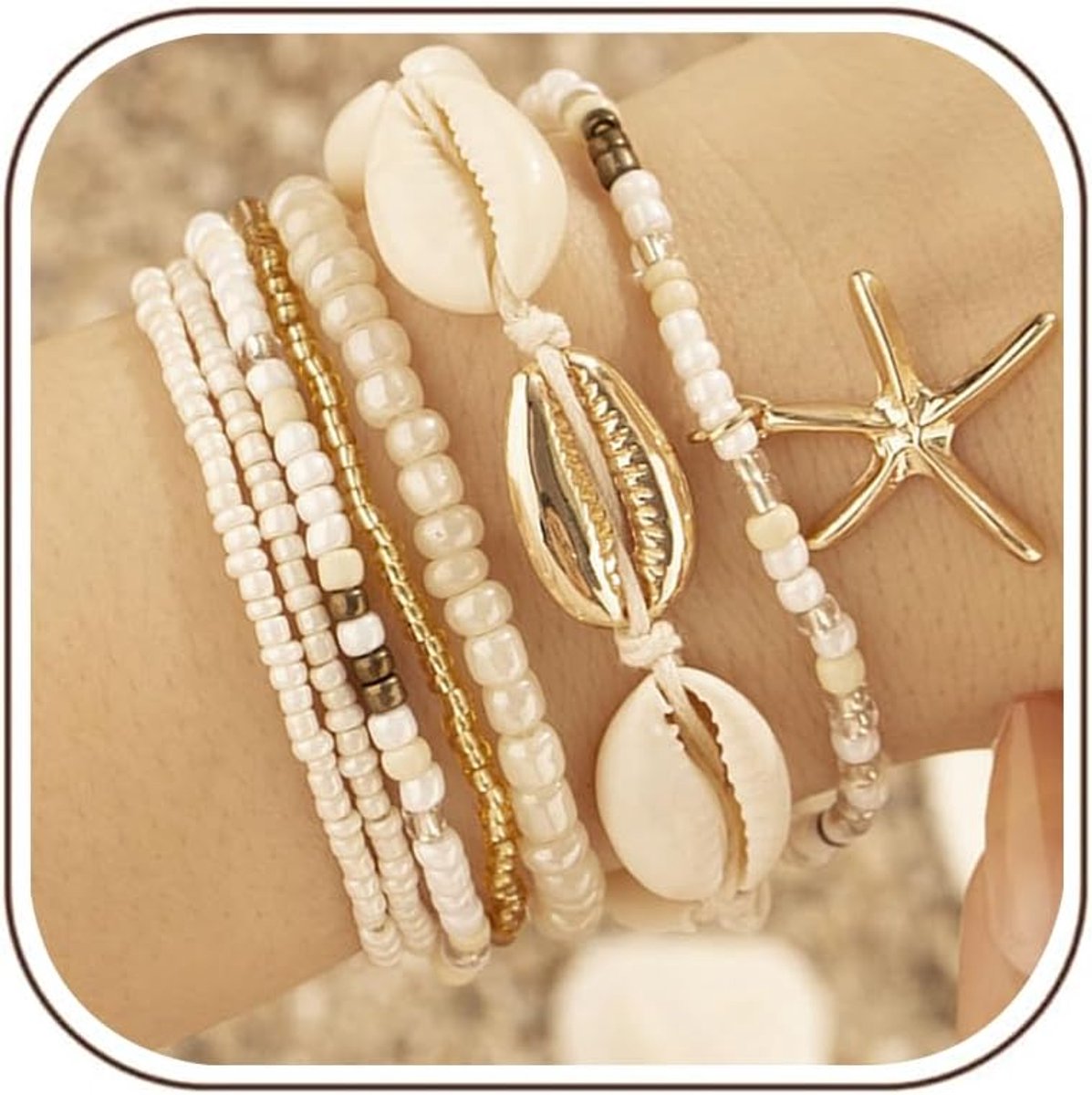 Armbanden voor dames, set van 7 armbanden, zeester en schelpen, voor de zomer, boho-armbanden, meerlaagse enkelbandjes, sieradencadeau