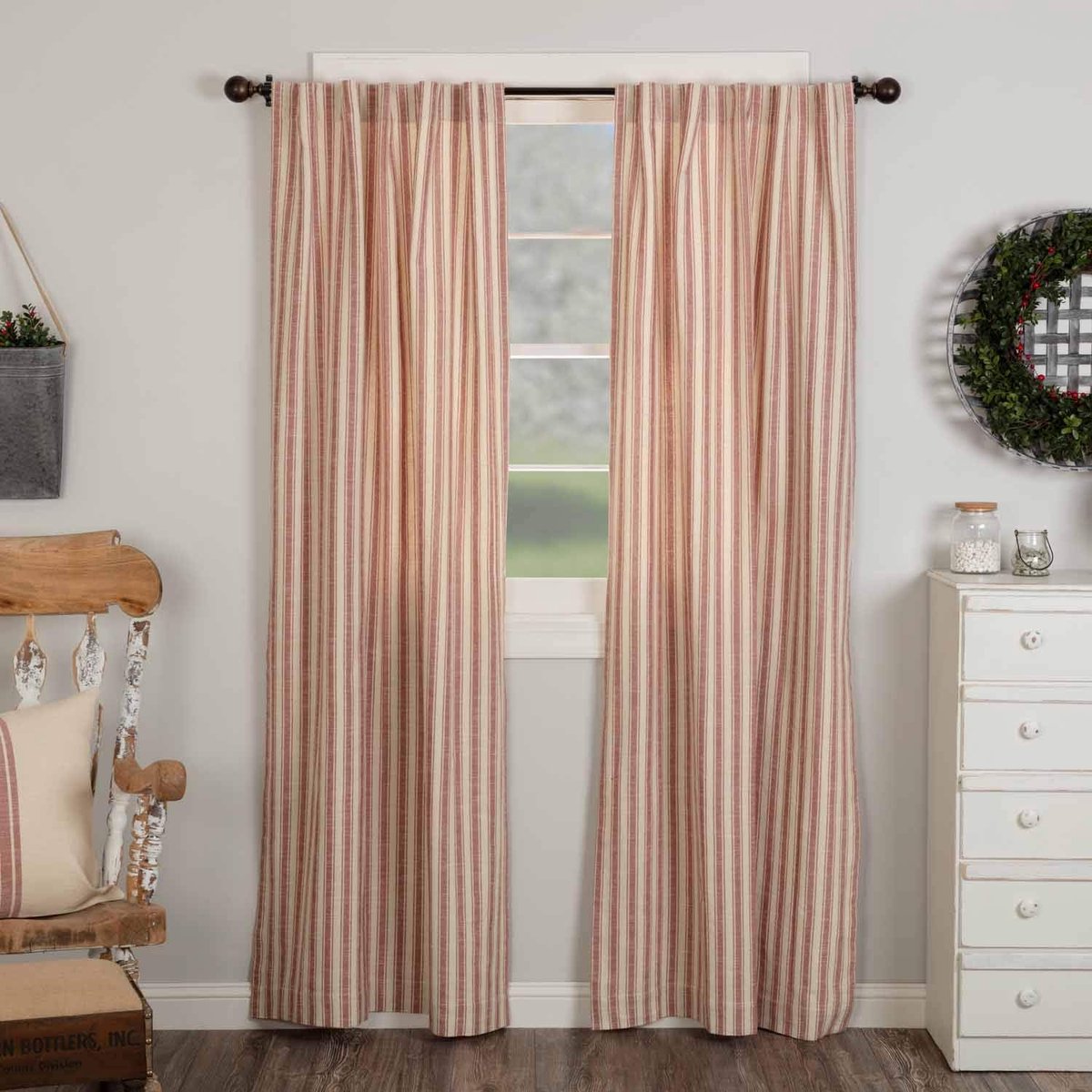 Place Red Ticking Stripe Panel Gordijnen, 84 cm lang, set van 2 panelen, boerderijstijl gordijnen in baksteenrood en natuurlijke crème strepen