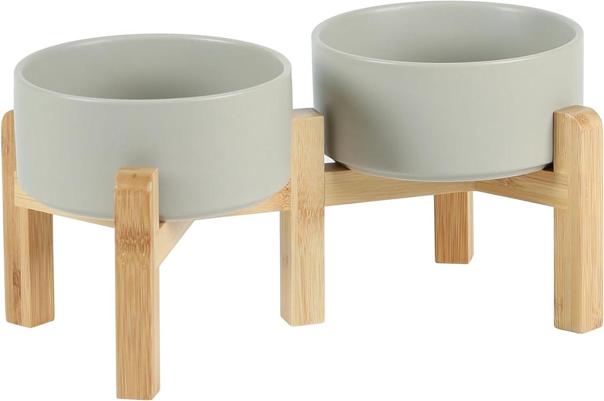 Keramische Dubbele Voerbak - Hondenbakken Verhoogd - Honden Voeden - Verstelbare Hoogte - 34 x 18 x 16 cm - Grijs