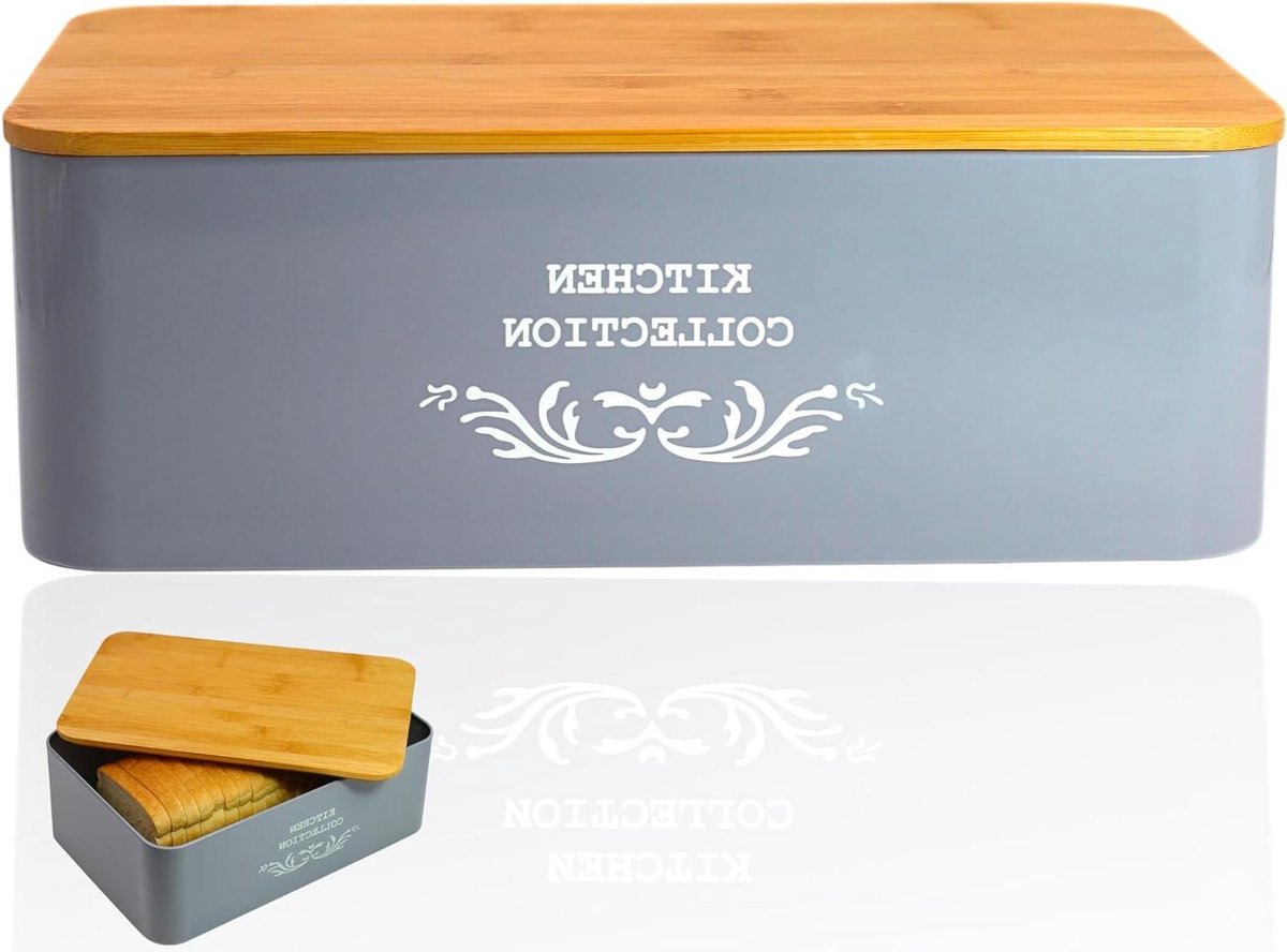 Broodtrommel Bamboe Deksel - Lunchbox Metaal Vintage - Brood Vers Houden - Deksel als Snijplank