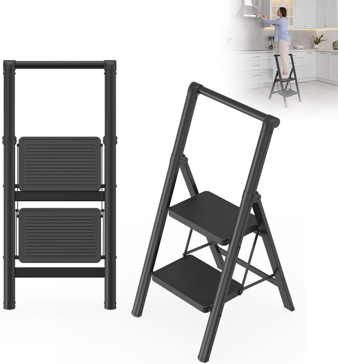 Inklapbare Trapladder - Opstapkruk Vouwladder - Veilig Klussen - Met Brede Antislip Treden - 2 Treden - Zwart