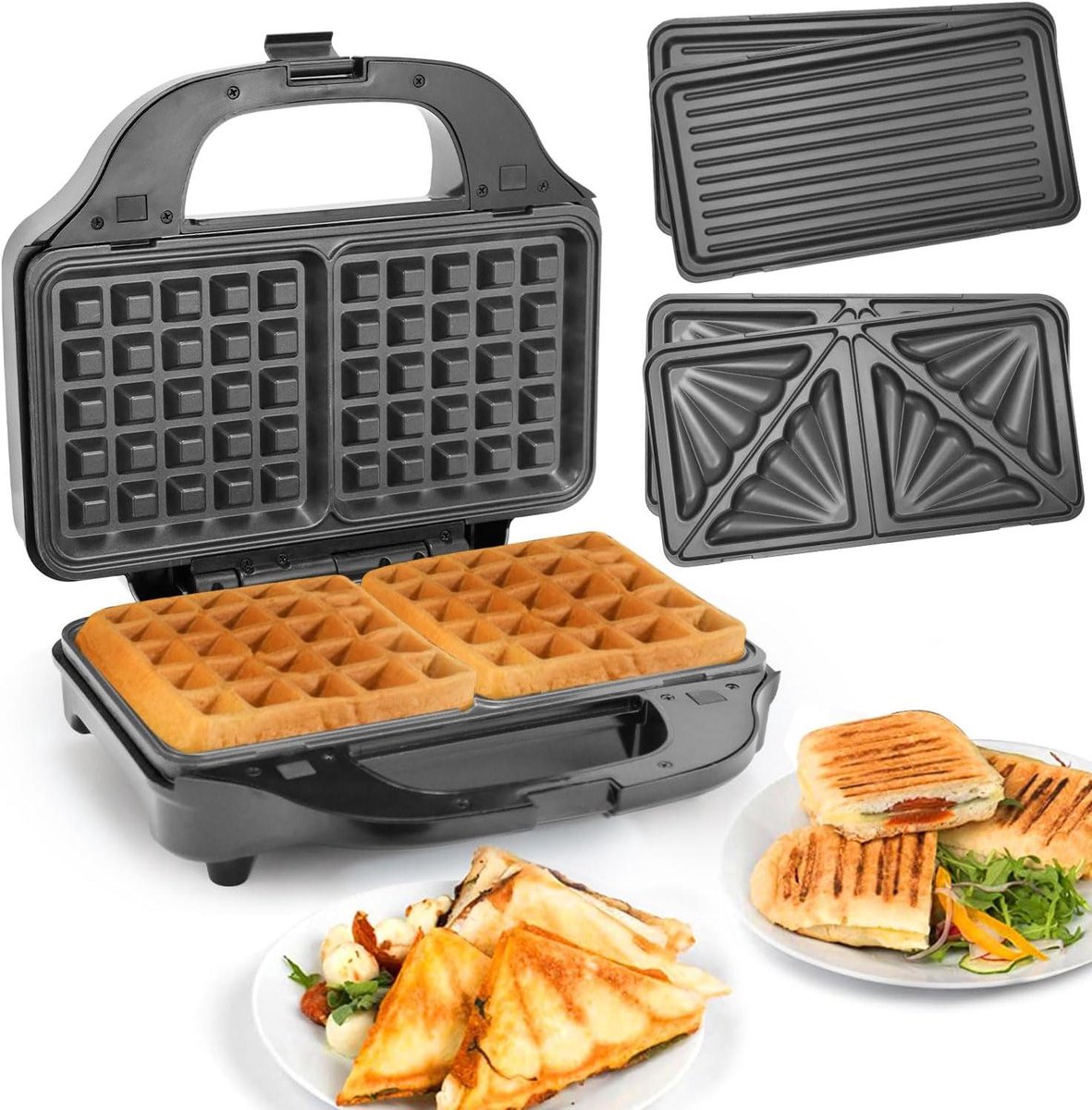 3-in-1 Sandwichmaker - Wafelijzer Grill - Snacks Maken - Afneembare Platen - 900 W - Zwart