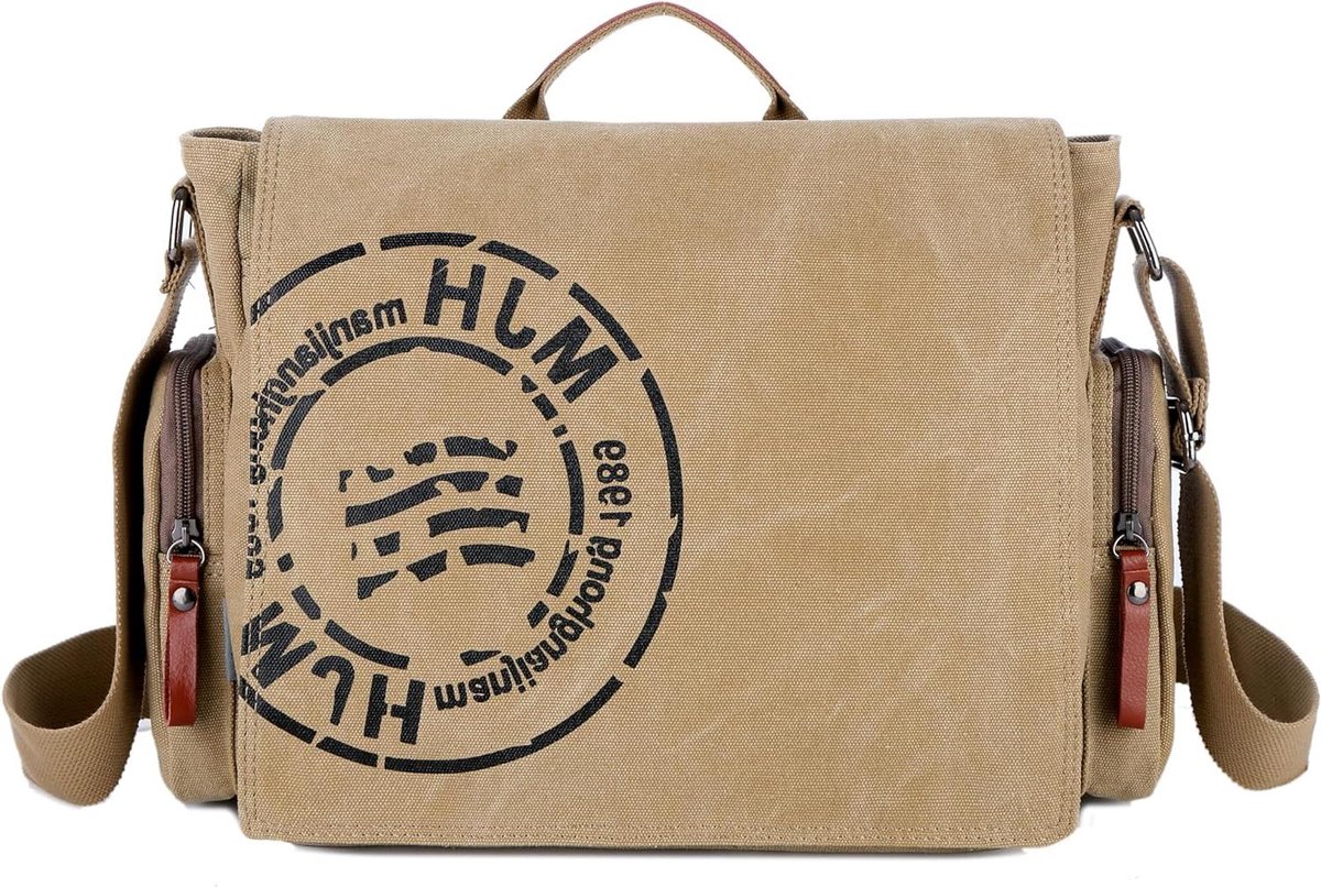 Grote canvas schoudertas voor heren voor laptop tot 13,5 inch