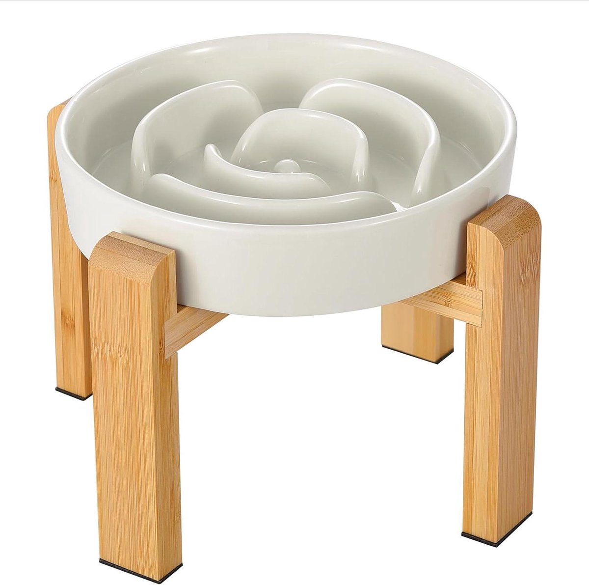 Verhoogde Honden Voerbak - Slow Feeder Bak - Gezond Eten Bevorderen - Keramiek met Bamboe - 213 cm Diameter - Melkwit