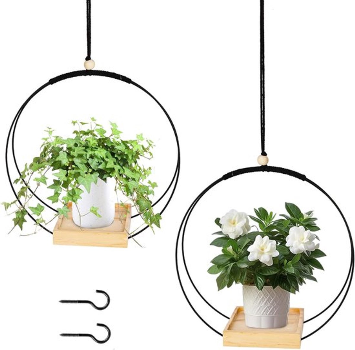 2 stuks hangende plantenhouders voor binnen, zwarte metalen hanglampen met houten basis, h