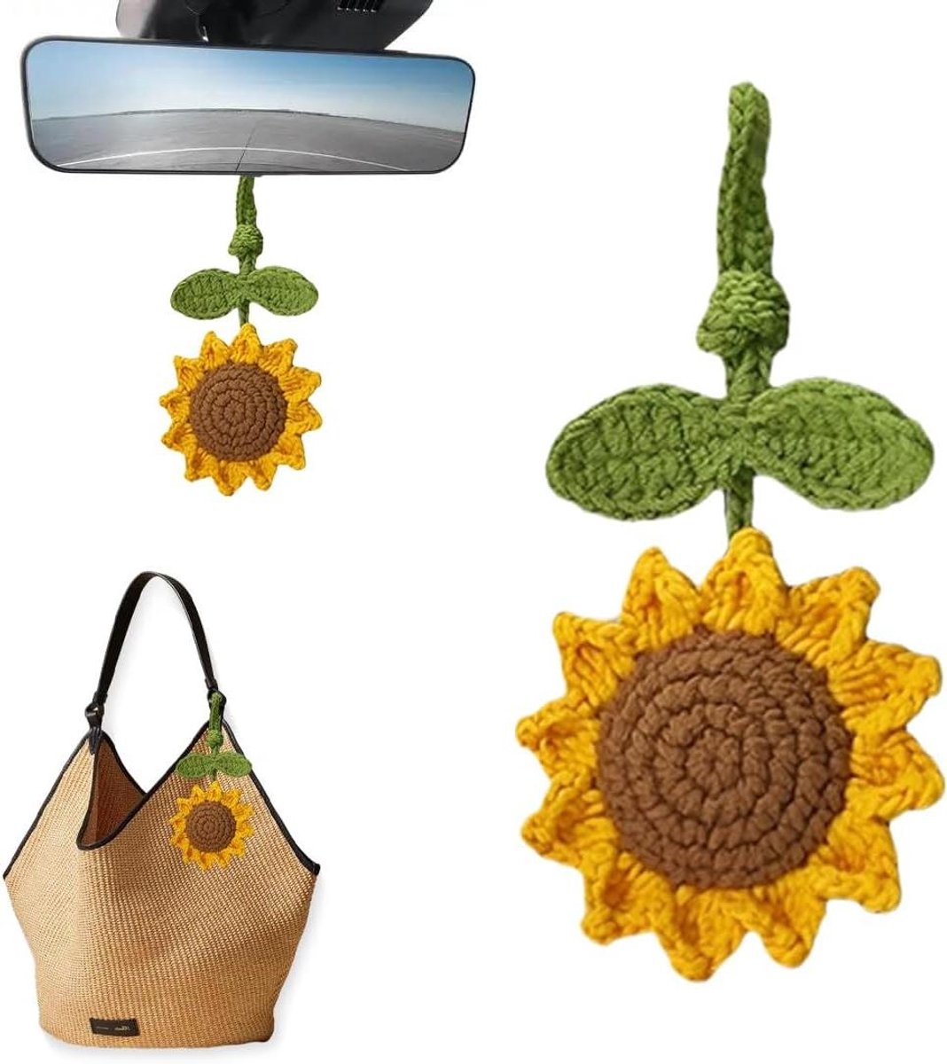 Ophangaccessoire Zonnebloem - Auto Decoratie - Interieur Personaliseren - Opvallend Gehaakt Ontwerp - 21 x 15.4 cm - Geel
