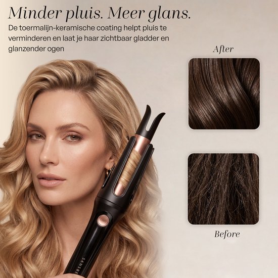 Model met golvend blond haar, houdt de automatische krultang vast. Afbeeldingen 'na' (glad haar) en 'voor' (pluizig haar).