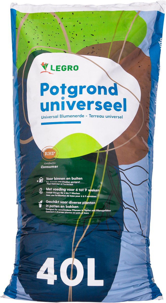 Legro potgrond universeel 40 liter - kwaliteitspotgrond voor buiten en binnen, 9 weken voeding, geschikt voor buitenplanten, tuinplanten, binnenplanten en kamerplanten, kan gebruikt worden in potten, bakken, tuin, moestuin en als tuinaarde.