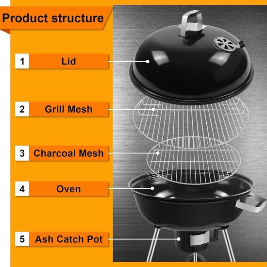 Kogelbarbecue 54 cm met Deksel - Houtskool BBQ Grillwagen met Wielen - Ronde Houtskoolgrill 64 x 64 x 99 cm voor Tuin, Camping, Terras, Picknick en Buiten Koken — afbeelding 5