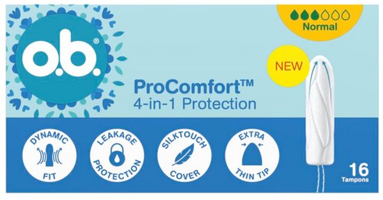 Ob ProComfort Normal tampons, 16 stuks, met 4-in-1 bescherming: Dynamische Fit, Lekage Bescherming, SilkTouch Cover, Extra Thin Tip.