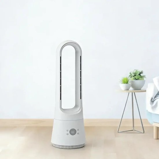 Bladloze, witte torenventilator met display en een gedetailleerde voet.