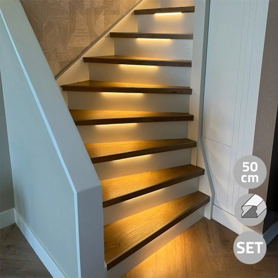 Trapverlichting led bewegingssensor set - Led strips 50 cm met warm wit licht - 2700K - Set in aluminium profiel voor max. 16 treden - Eenvoudig te bedienen via dimmer