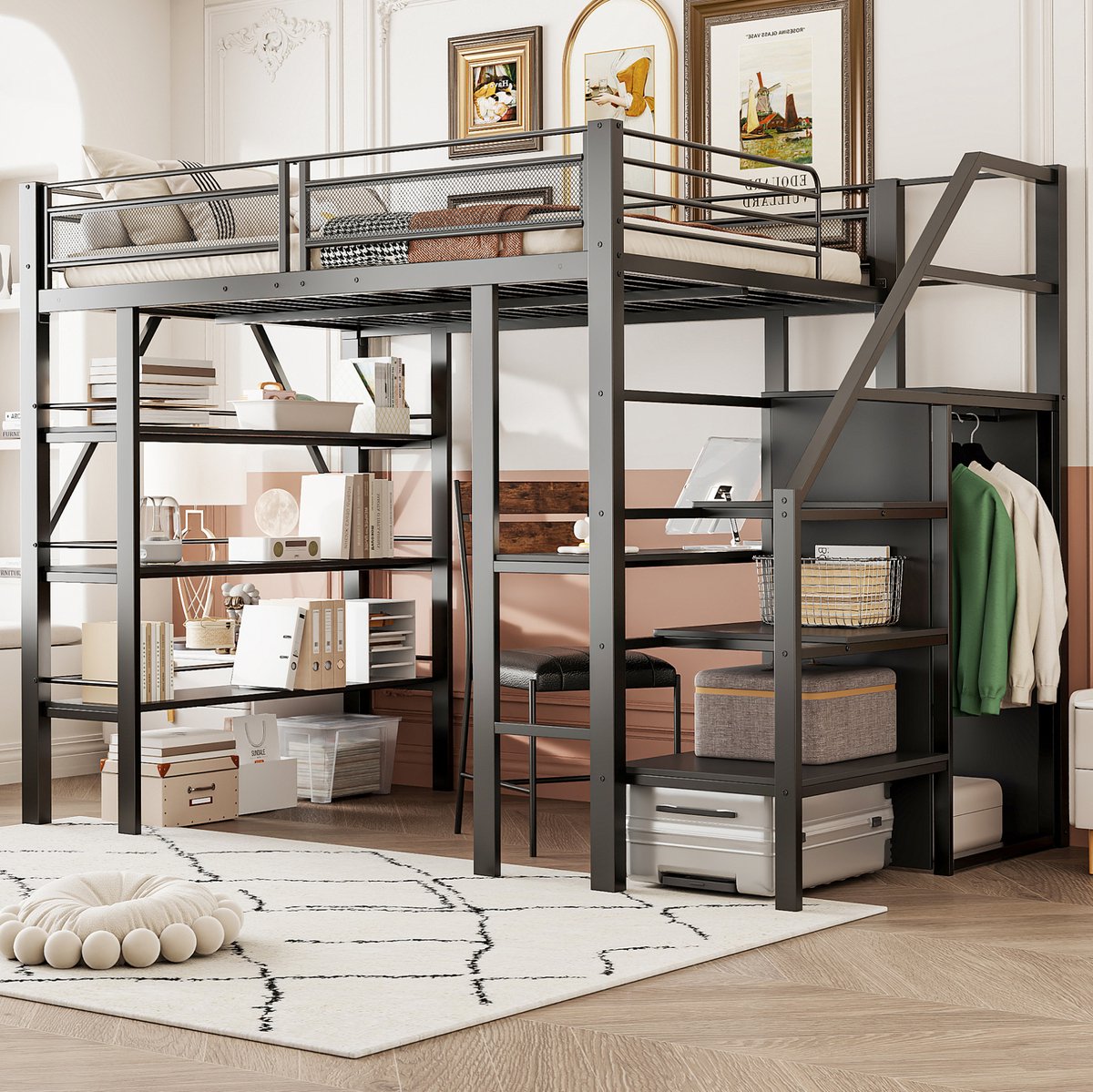 MEUNIQ Hoogslaper 140 x 200 cm met bureau, open opbergrekken, kledingkast en veiligheidstrap, zwart metalen bedframe voor slaapkamer of kinderkamer