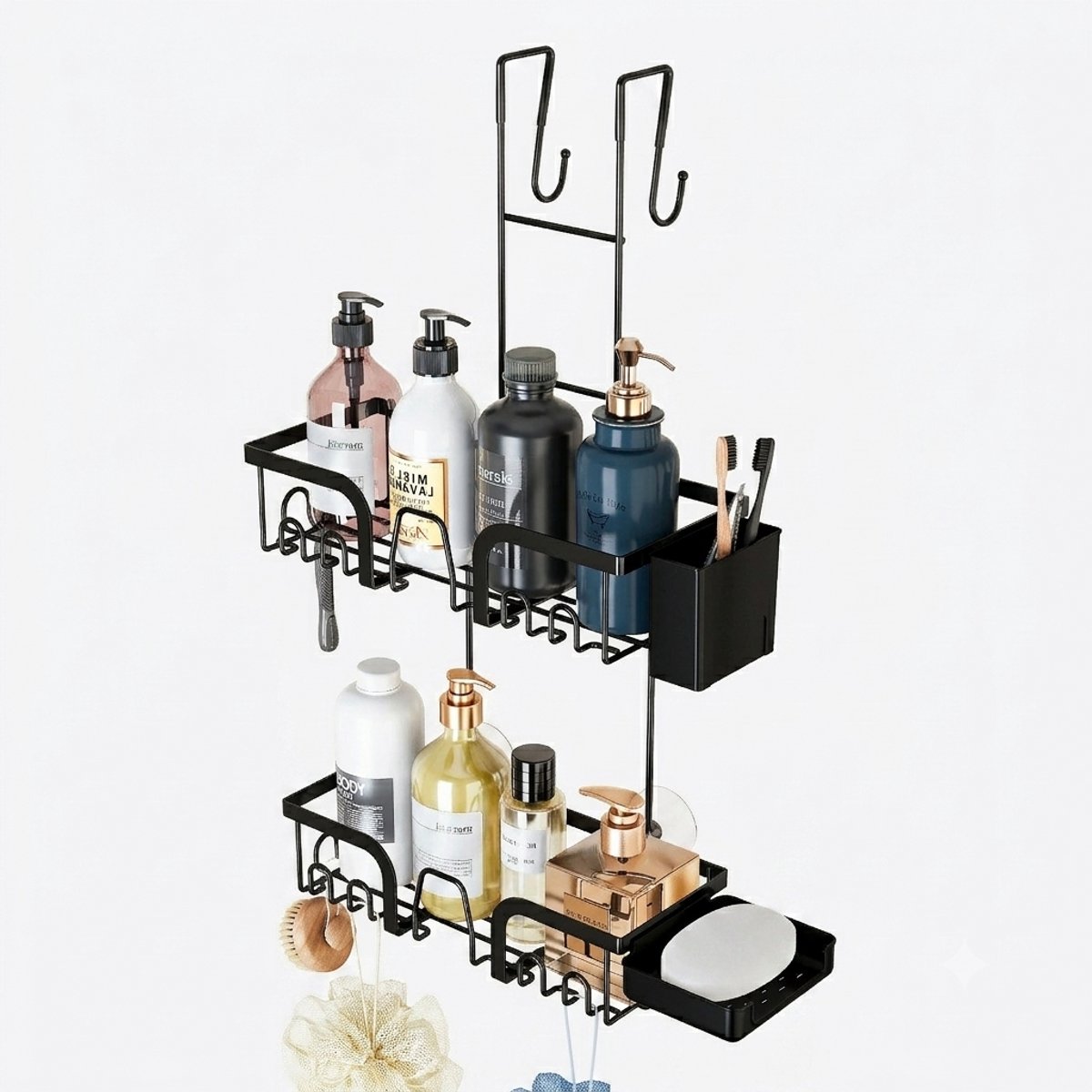 Stervia Doucherek - Doucheplank - Douche Organizer - Hangend Doucherek - Zonder Boren - Inclusief Haken/Opbergbakje/Zeepbakje - Zwart - 32 x 13.5 x 58 cm