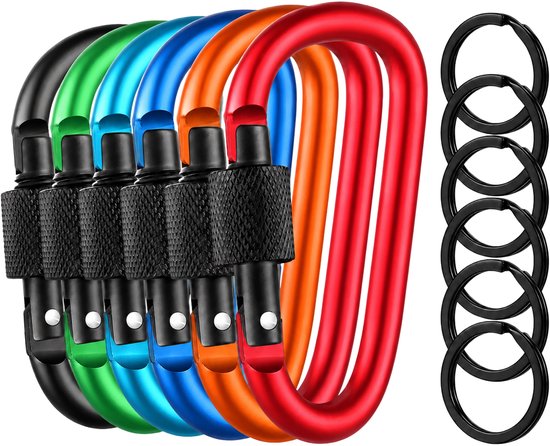 Set van zes gekleurde karabijnhaken in zwart, groen, cyaan, blauw, oranje en rood, met zwarte schroefsluitingen en zes zwarte sleutelringen.