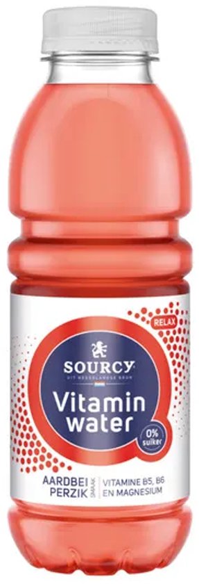 Fles Sourcy Vitaminwater Aardbei Perzik met 0% suiker, vitamine B5, B6 en magnesium.