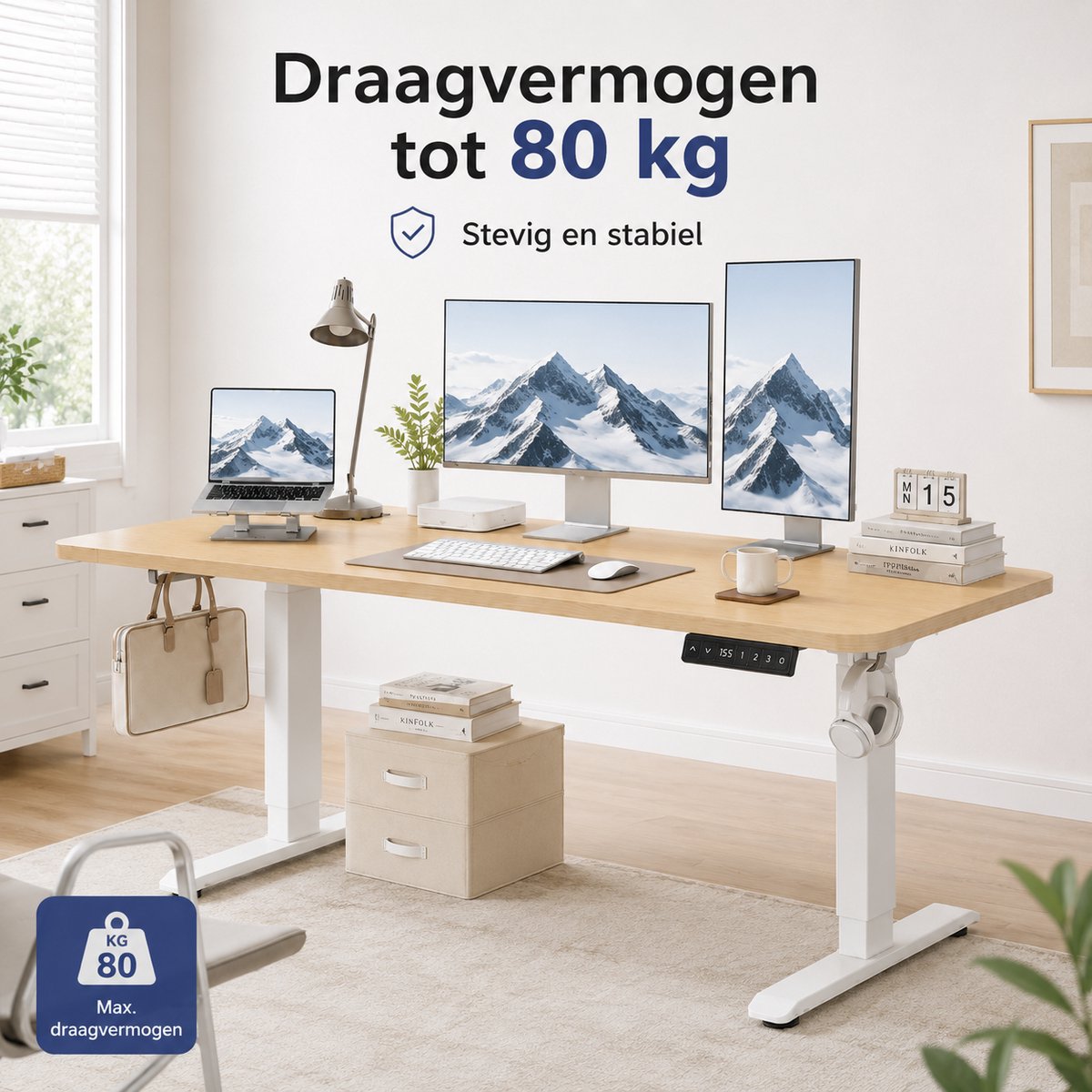 YYchan Zit Sta Bureau Elektrisch 120x60 - Gaming Bureau - Elektrisch verstelbaar - Tafelblad uit één stuk - Geheugenbediening, Stabiel T-Frame, met Koptelefoonhaak - Hoogteverstelbaar 72–118 cm - Eiken Wit thumbnail 6