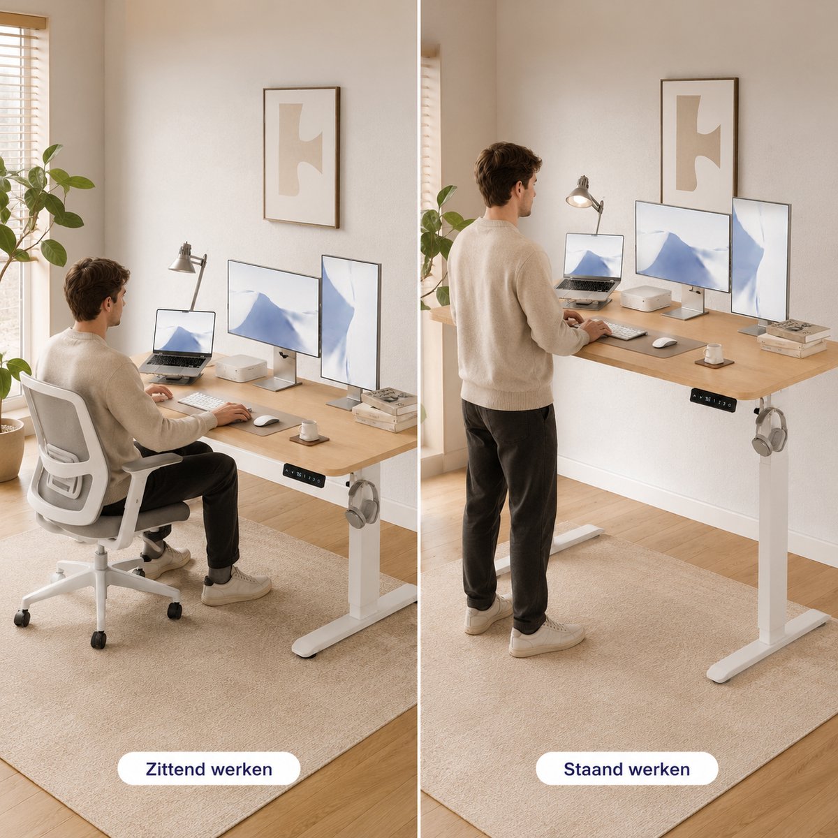 YYchan Zit Sta Bureau Elektrisch 120x60 - Gaming Bureau - Elektrisch verstelbaar - Tafelblad uit één stuk - Geheugenbediening, Stabiel T-Frame, met Koptelefoonhaak - Hoogteverstelbaar 72–118 cm - Eiken Wit thumbnail 4