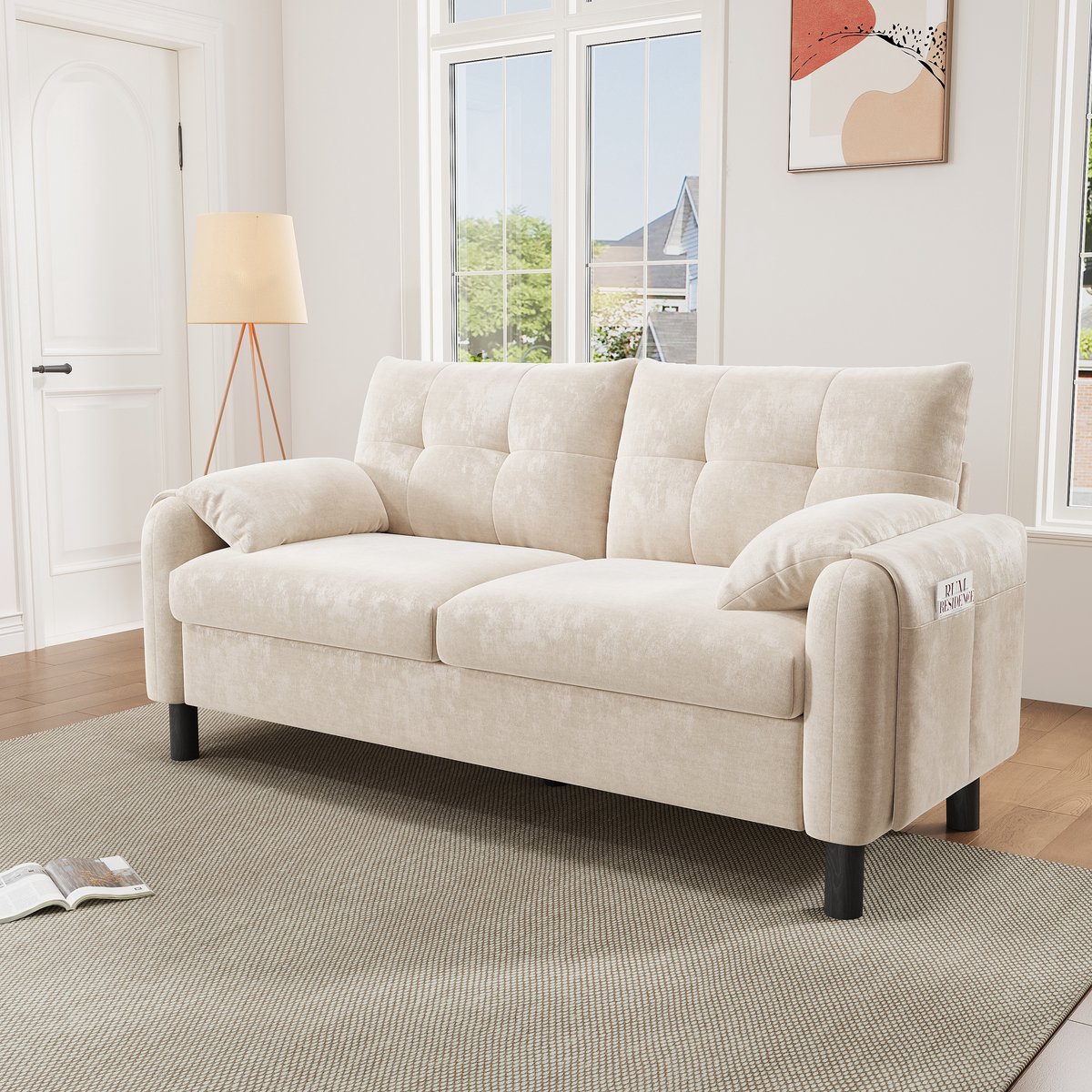 DESMIU 2-Zitsbank 158 x 80 x 88,5 cm - Comfortabel Met Dikke Kussens En Zijvakken - Voor Woonkamer En Kleine Ruimtes - Chenille - Beige