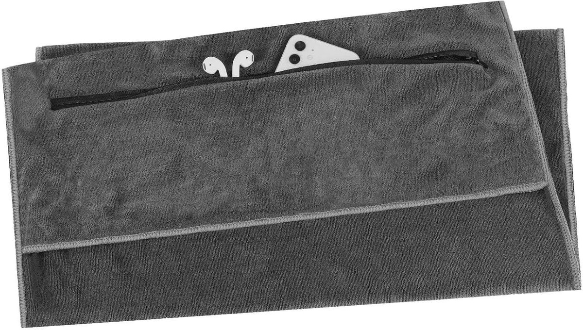 Fitnesshanddoek - Microvezel handdoek - Sport en Reizen - Verborgen zak met rits - 140 x 70 cm - Grijs
